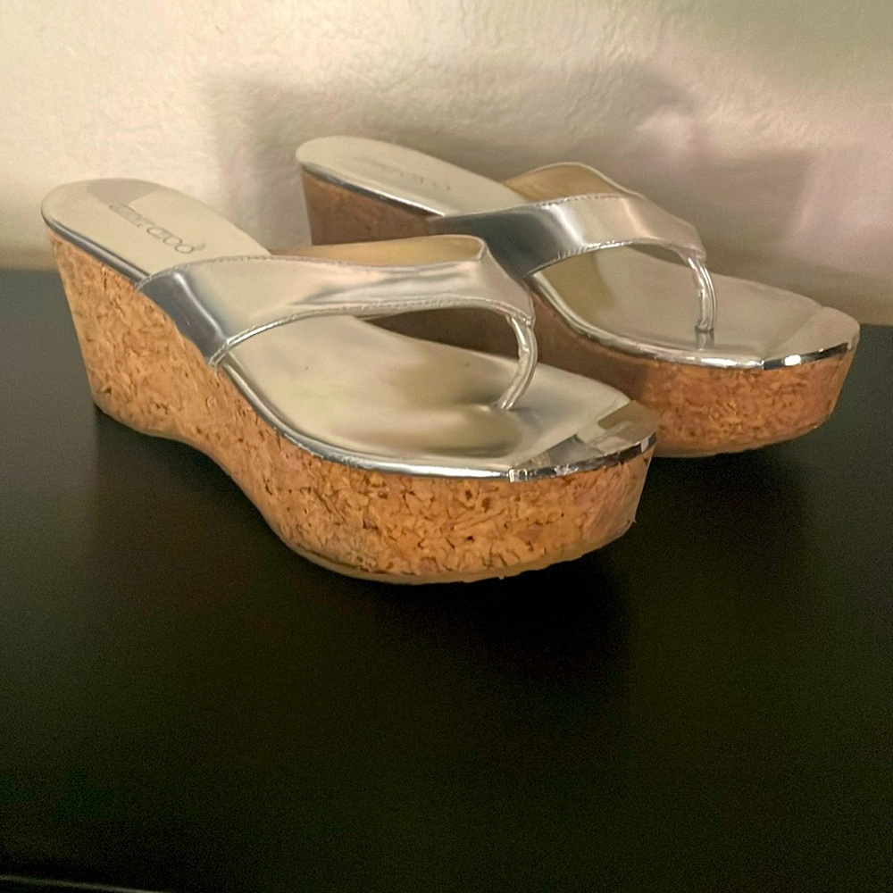 Jimmy Choo authentic silver and cork platform wedge sandals 38